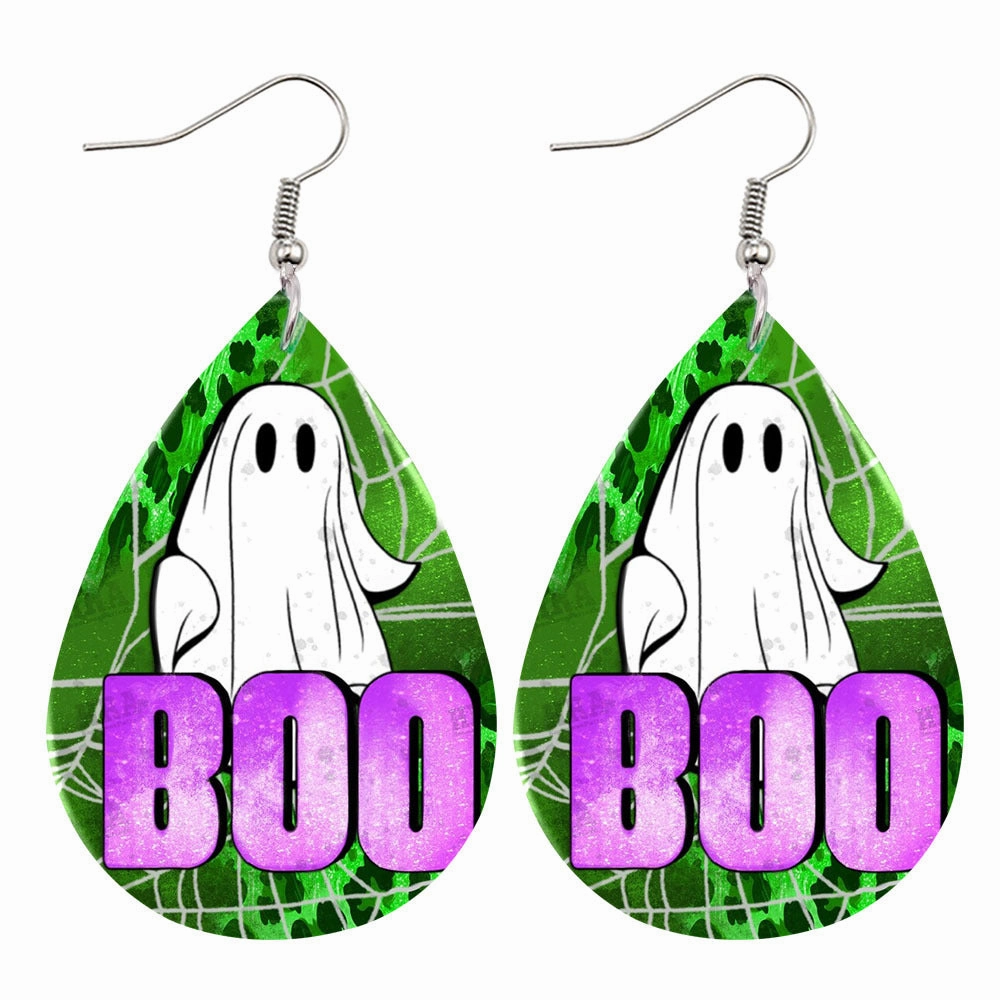 Wholesale Halloween Flower Skull Double Sided Leather Water Drop Earrings