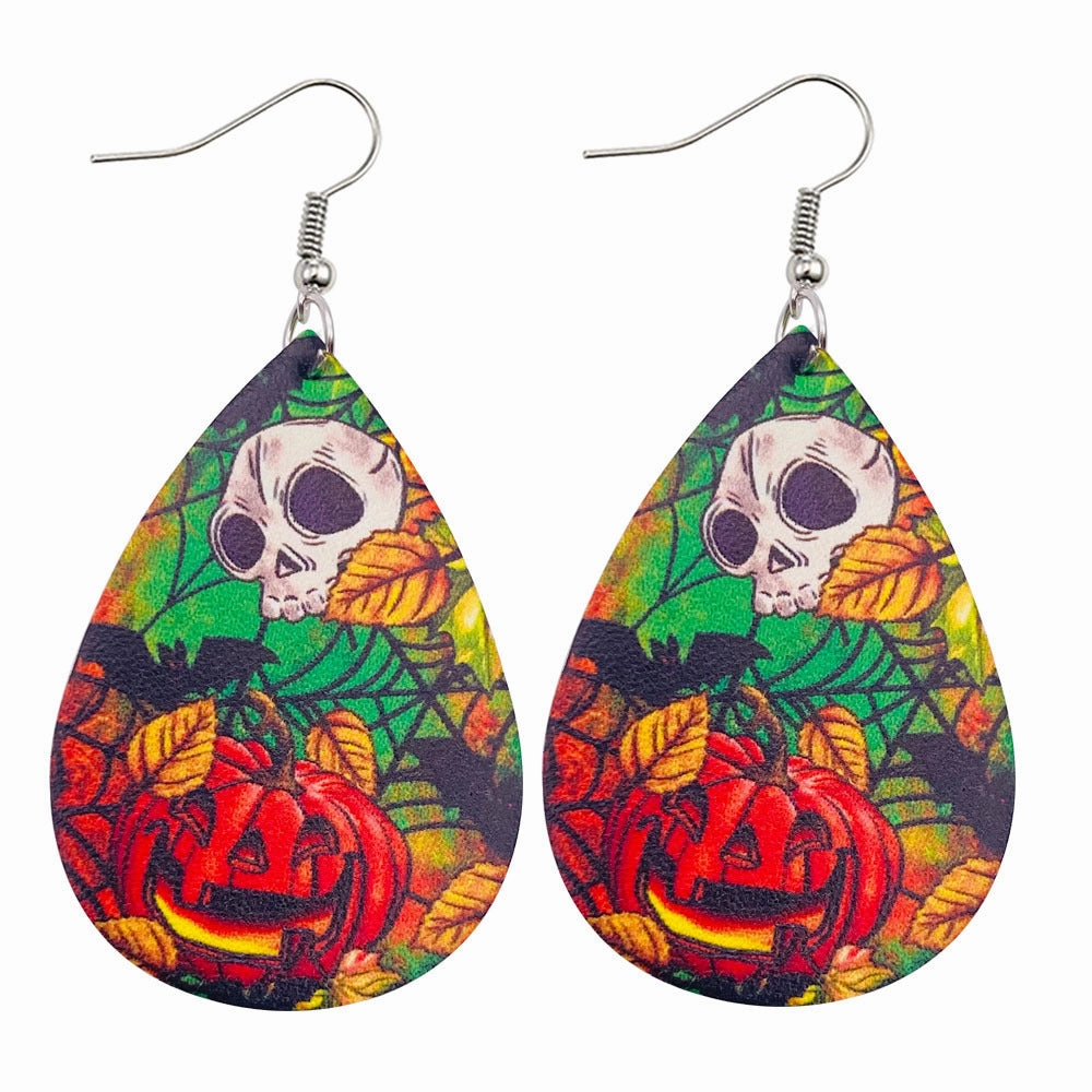 Wholesale Halloween Flower Skull Double Sided Leather Water Drop Earrings