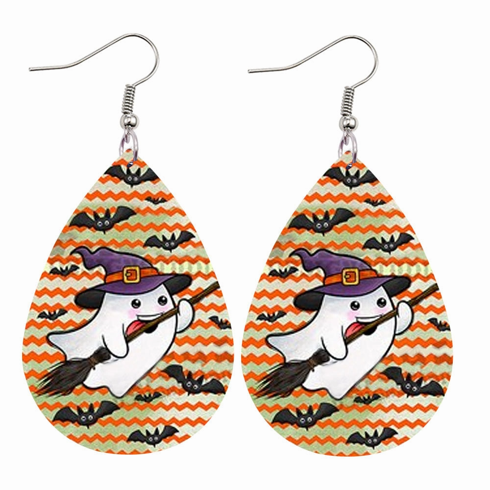 Wholesale Halloween Flower Skull Double Sided Leather Water Drop Earrings