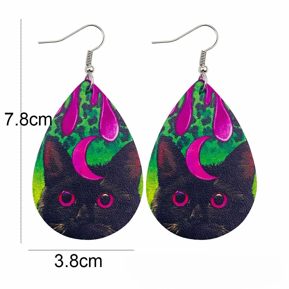 Wholesale Halloween Flower Skull Double Sided Leather Water Drop Earrings
