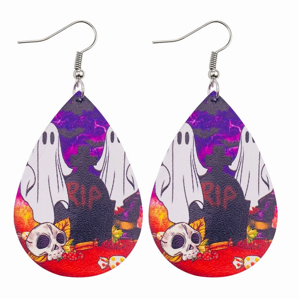 Wholesale Halloween Flower Skull Double Sided Leather Water Drop Earrings