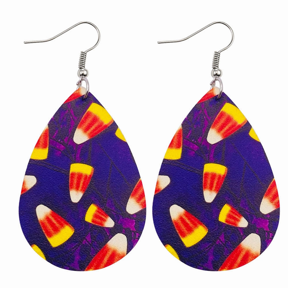 Wholesale Halloween Flower Skull Double Sided Leather Water Drop Earrings