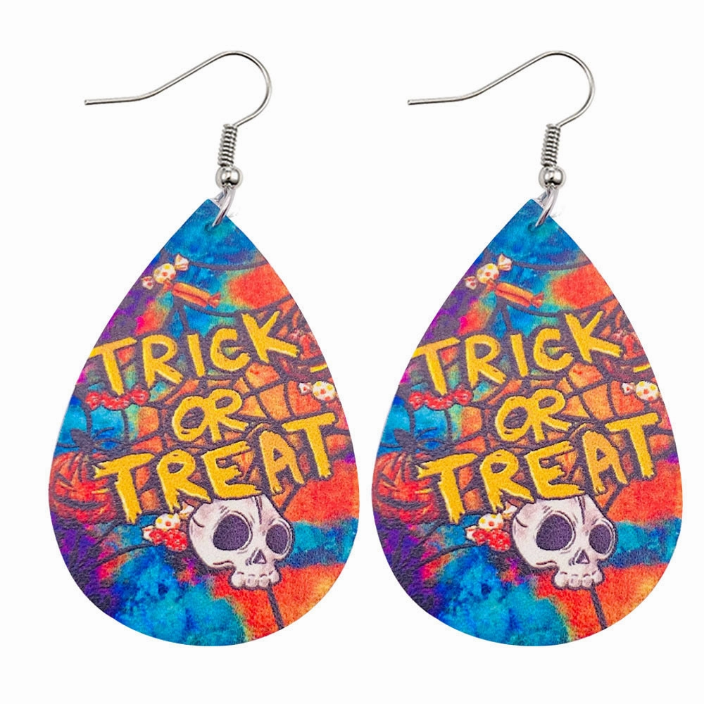 Wholesale Halloween Flower Skull Double Sided Leather Water Drop Earrings