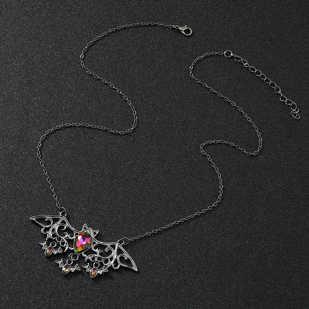 Wholesale Halloween Gothic Colorful Crystal Demon Bat Alloy Pendant Necklace