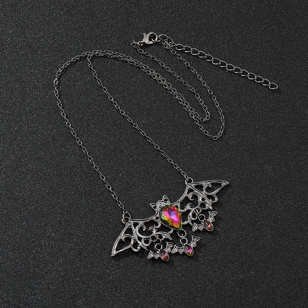 Wholesale Halloween Gothic Colorful Crystal Demon Bat Alloy Pendant Necklace