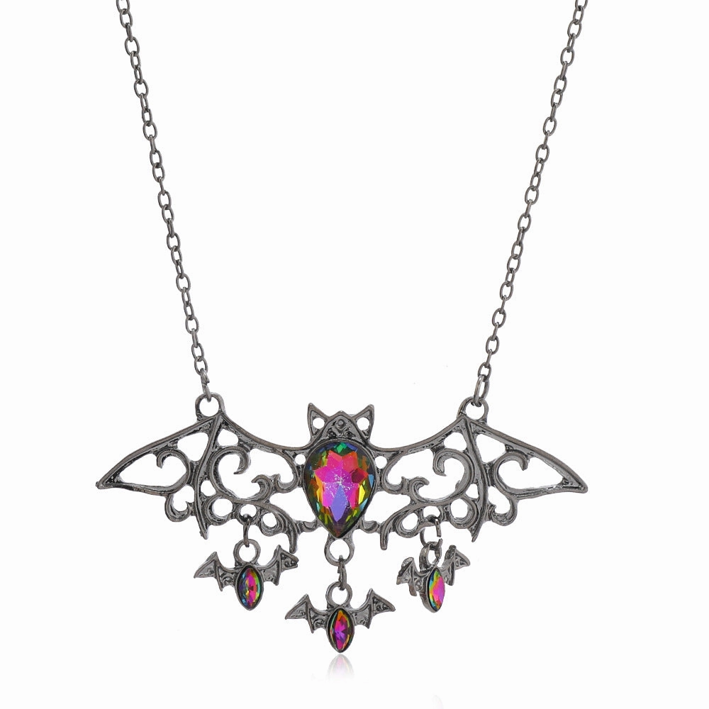 Wholesale Halloween Gothic Colorful Crystal Demon Bat Alloy Pendant Necklace