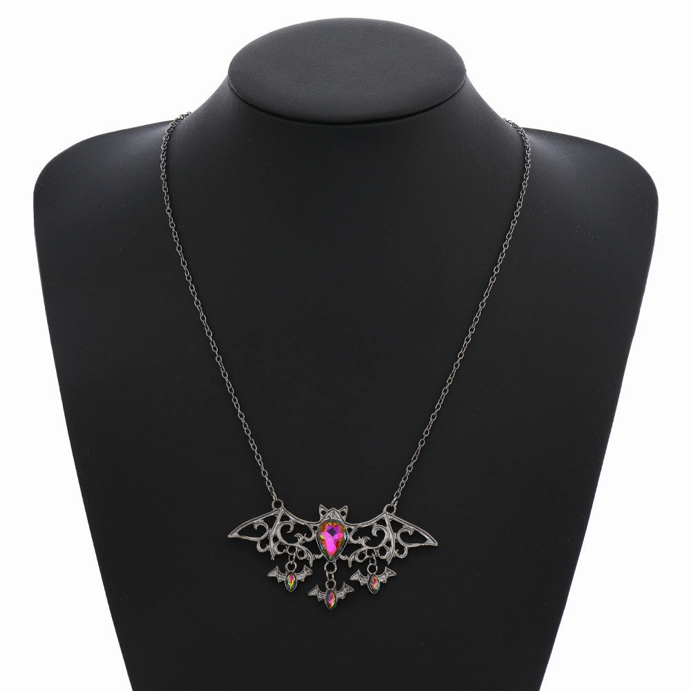 Wholesale Halloween Gothic Colorful Crystal Demon Bat Alloy Pendant Necklace