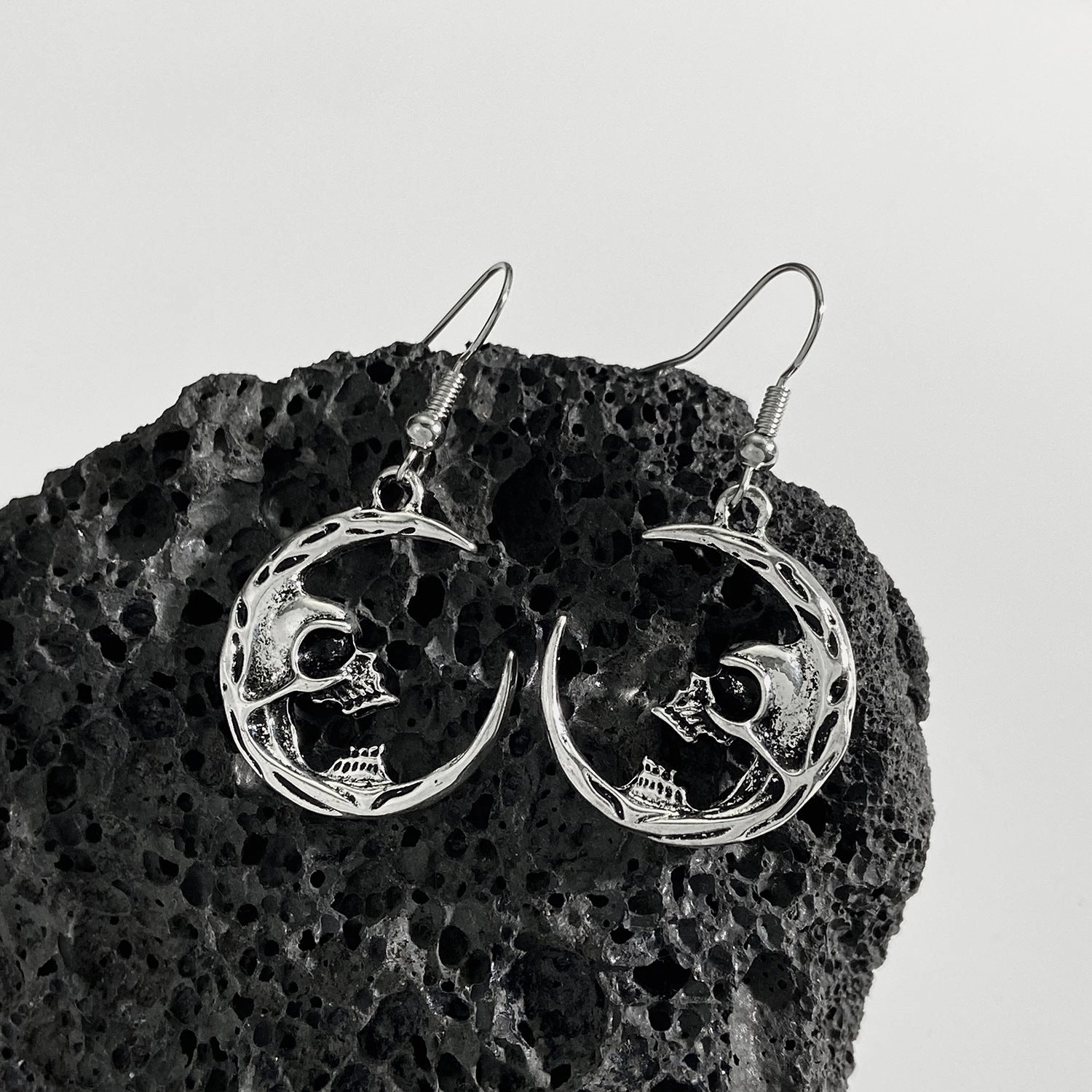 Wholesale Halloween Half Skeleton Crescent Gothic Exaggerated Alloy Earrings