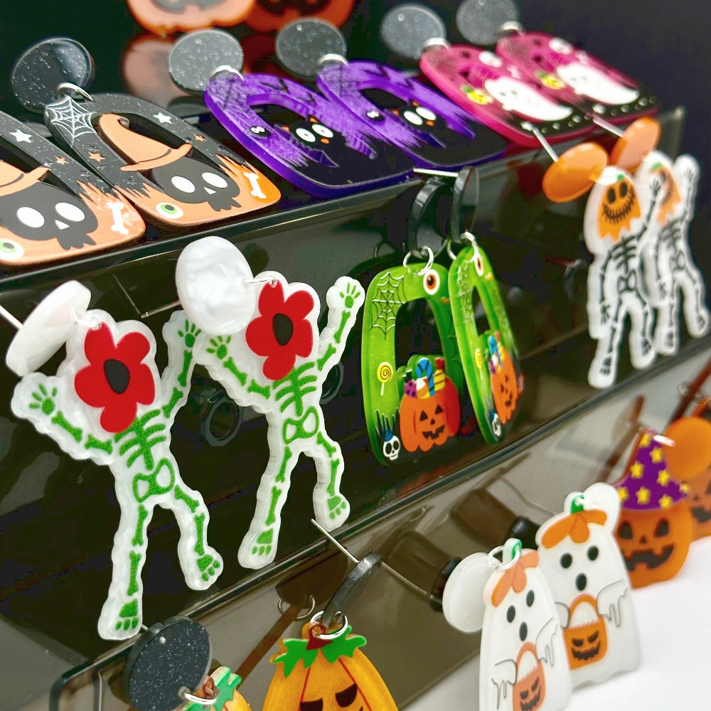 Wholesale Halloween Hollow Cartoon Ghost Pumpkin Cat Acrylic Earrings