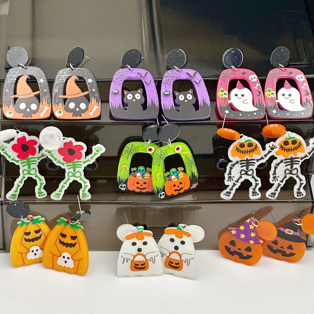 Wholesale Halloween Hollow Cartoon Ghost Pumpkin Cat Acrylic Earrings