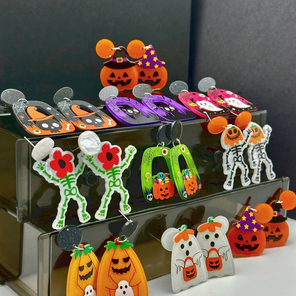 Wholesale Halloween Hollow Cartoon Ghost Pumpkin Cat Acrylic Earrings