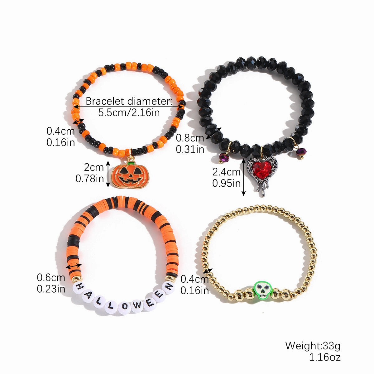 Wholesale Halloween Rice Beads Orange Pumpkin Skull Bracelet Set