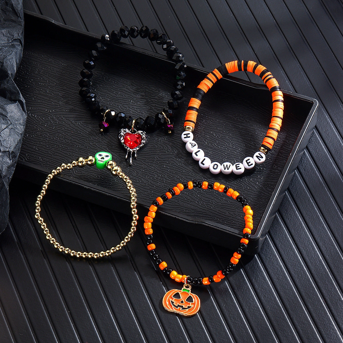 Wholesale Halloween Rice Beads Orange Pumpkin Skull Bracelet Set