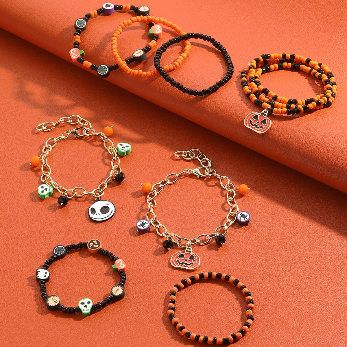 Wholesale Halloween Rice Beads Orange Pumpkin Skull Bracelet Set