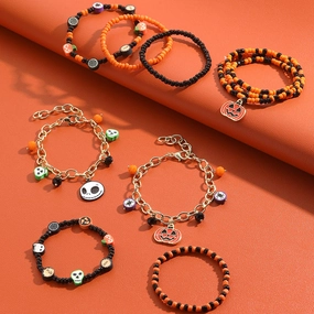 Wholesale Halloween Rice Beads Orange Pumpkin Skull Bracelet Set