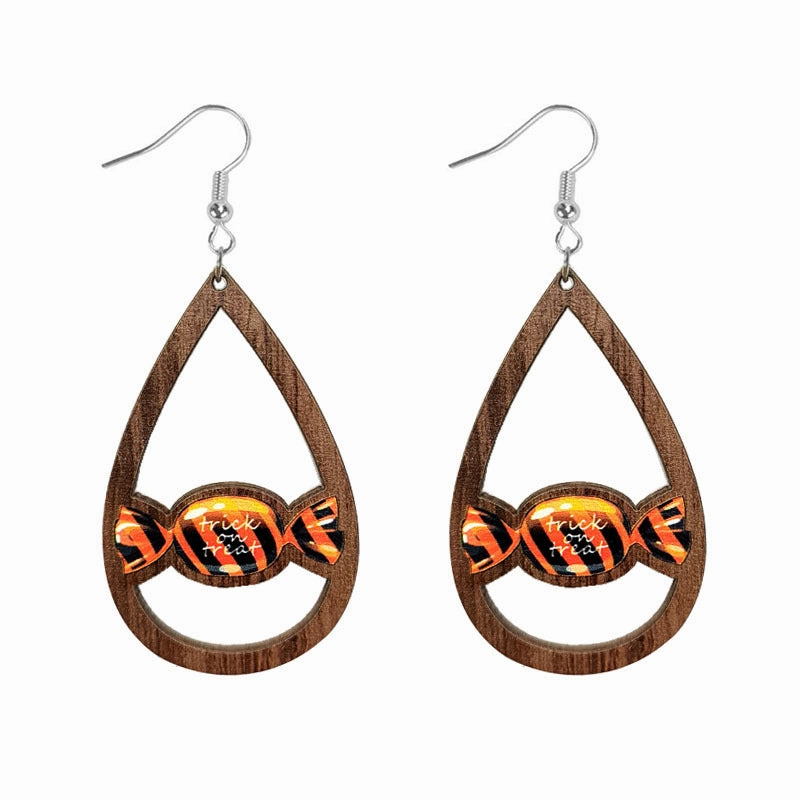 Wholesale Halloween Skeleton Pumpkin Witch Black Cat Spider Water Drop Hollow Wooden Earrings
