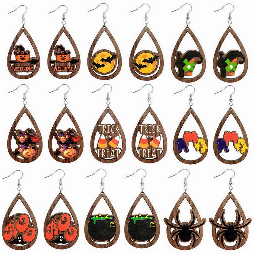Wholesale Halloween Skeleton Pumpkin Witch Black Cat Spider Water Drop Hollow Wooden Earrings