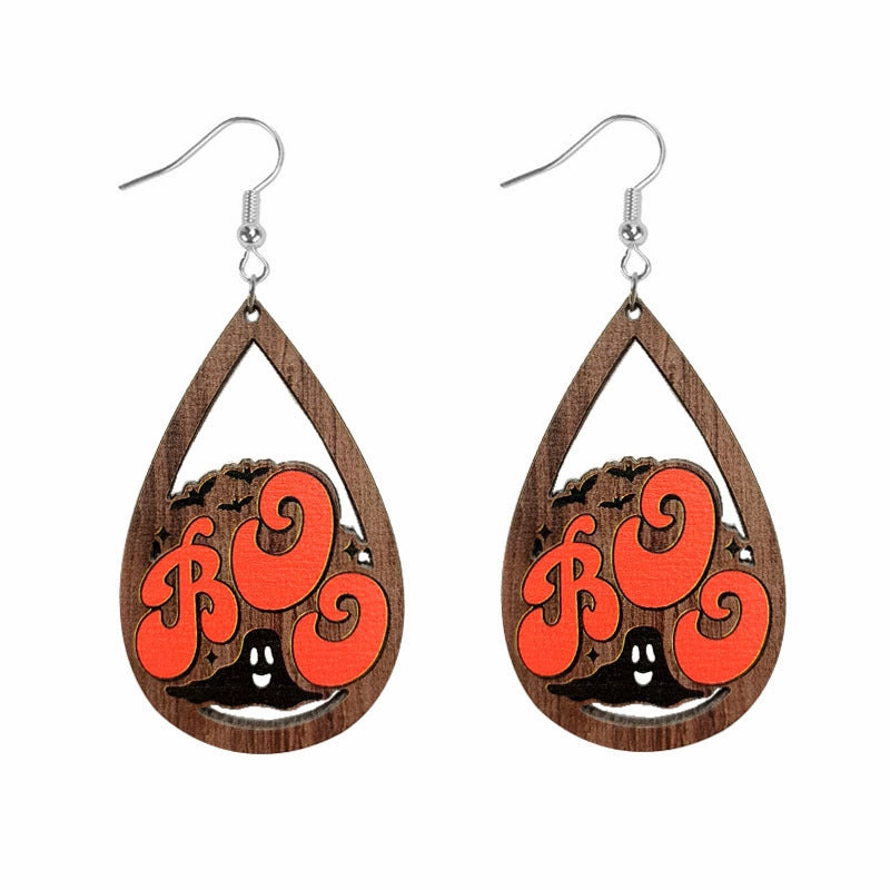 Wholesale Halloween Skeleton Pumpkin Witch Black Cat Spider Water Drop Hollow Wooden Earrings