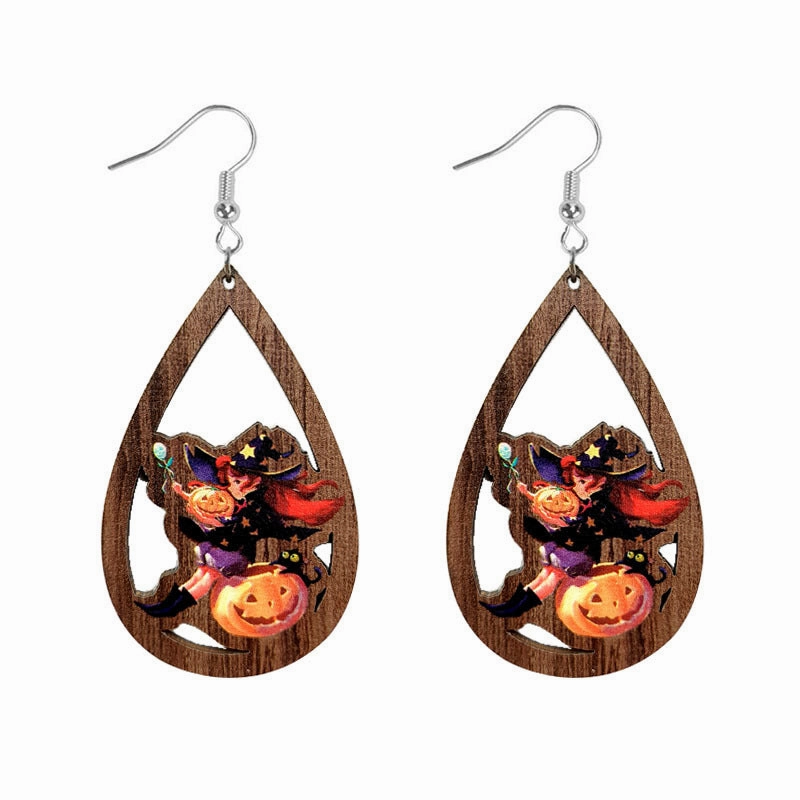 Wholesale Halloween Skeleton Pumpkin Witch Black Cat Spider Water Drop Hollow Wooden Earrings