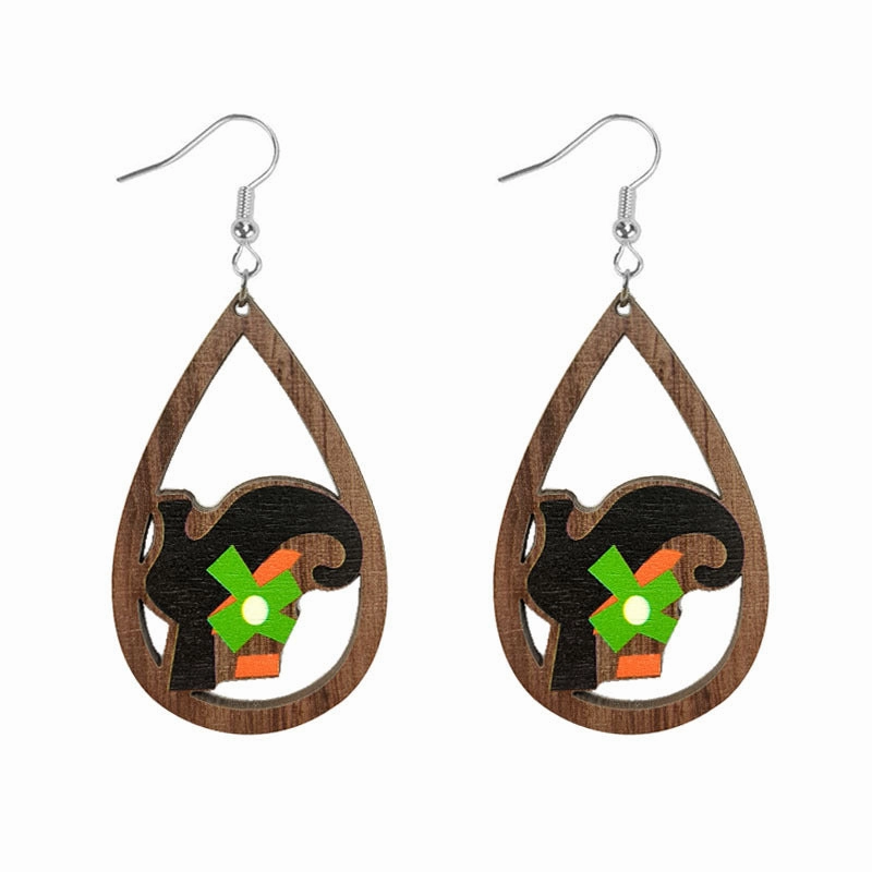Wholesale Halloween Skeleton Pumpkin Witch Black Cat Spider Water Drop Hollow Wooden Earrings