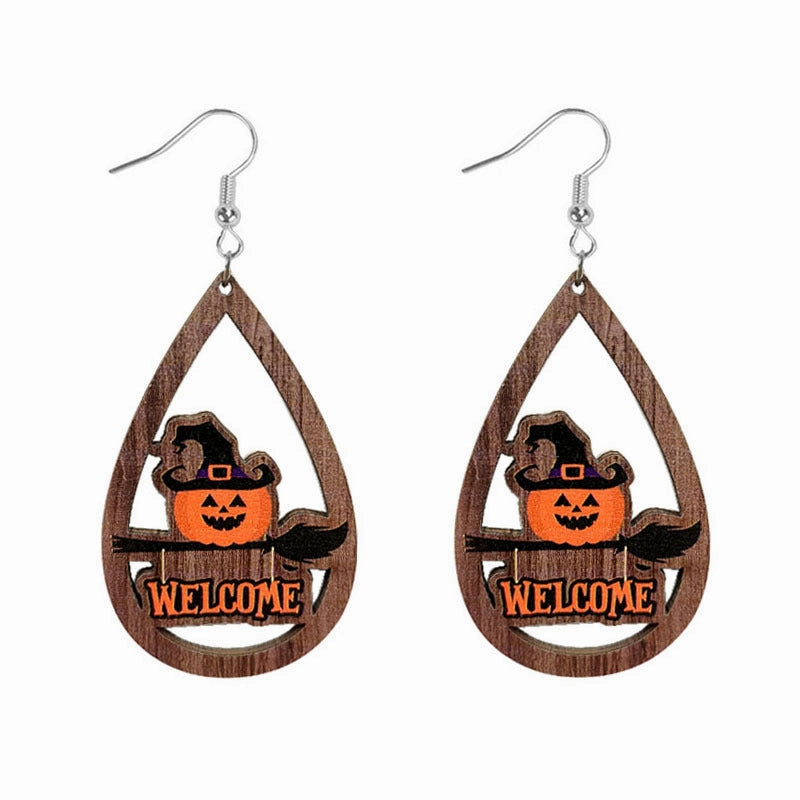 Wholesale Halloween Skeleton Pumpkin Witch Black Cat Spider Water Drop Hollow Wooden Earrings