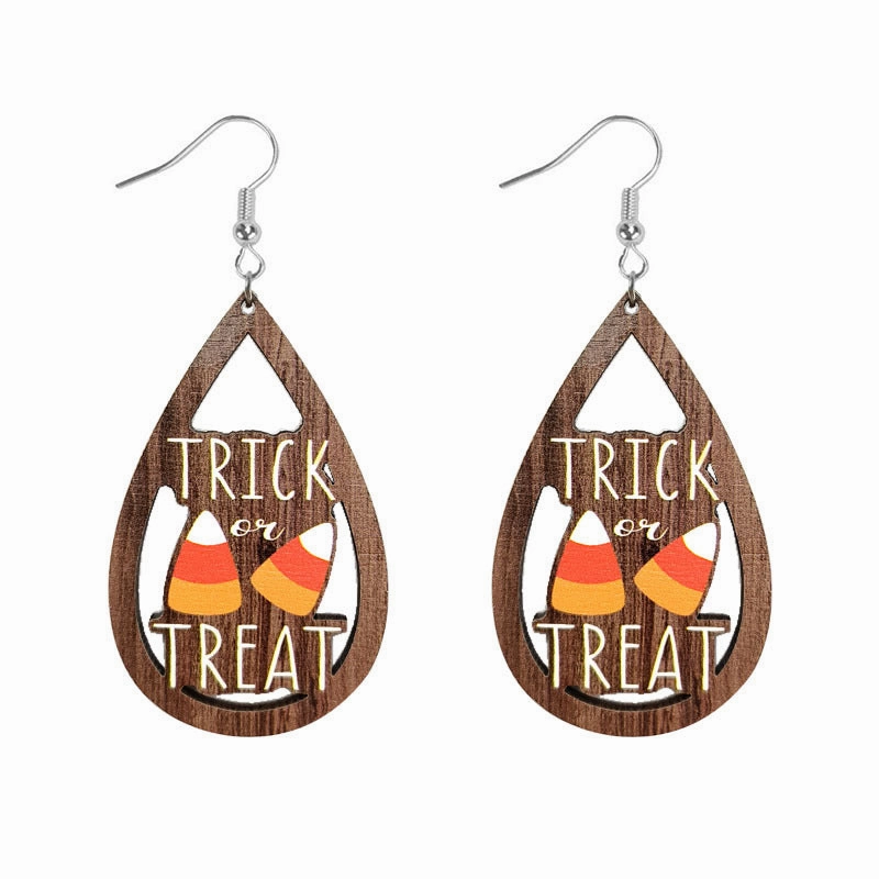 Wholesale Halloween Skeleton Pumpkin Witch Black Cat Spider Water Drop Hollow Wooden Earrings