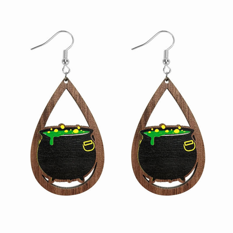 Wholesale Halloween Skeleton Pumpkin Witch Black Cat Spider Water Drop Hollow Wooden Earrings