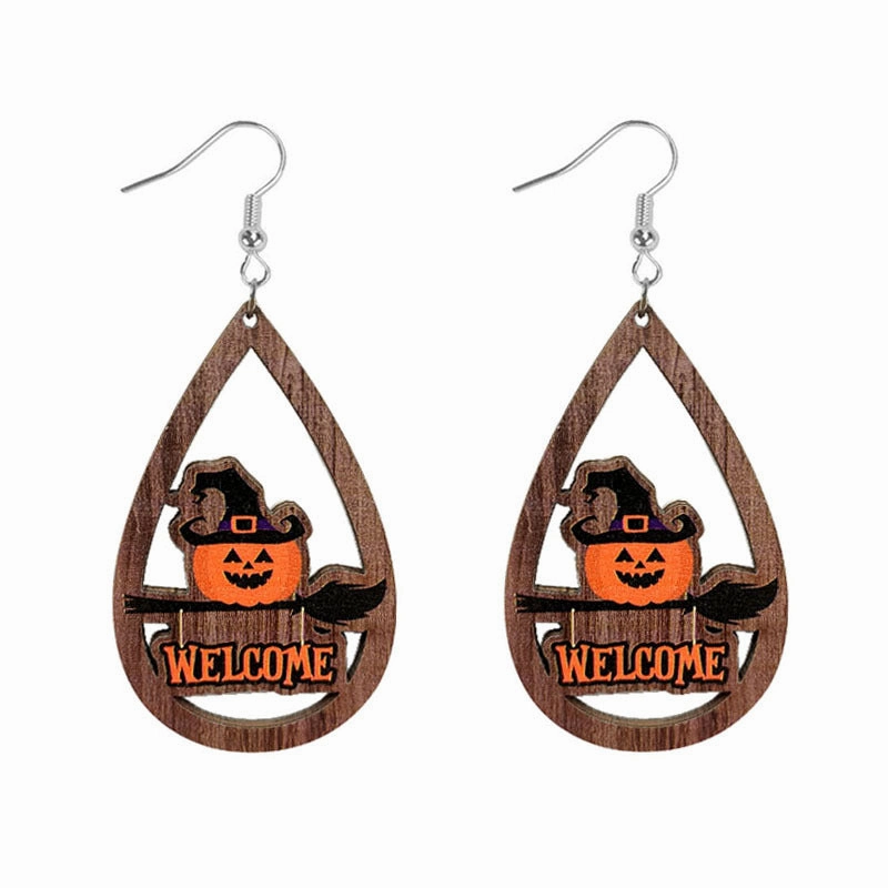 Wholesale Halloween Skeleton Pumpkin Witch Black Cat Spider Water Drop Hollow Wooden Earrings