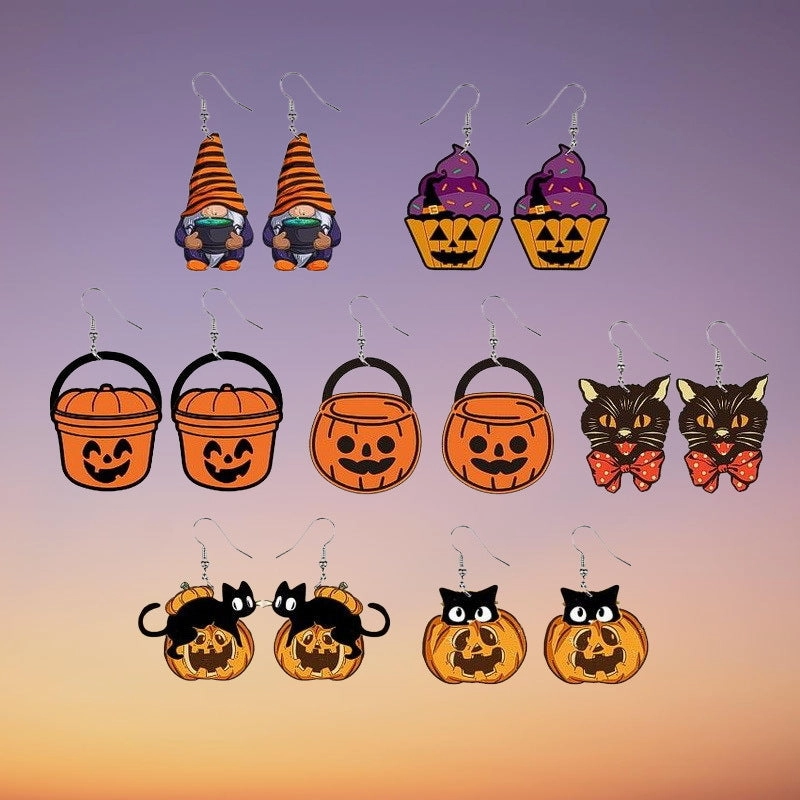 Wholesale Halloween Smiley Pumpkin Black Cat Candy Basket Acrylic Earrings