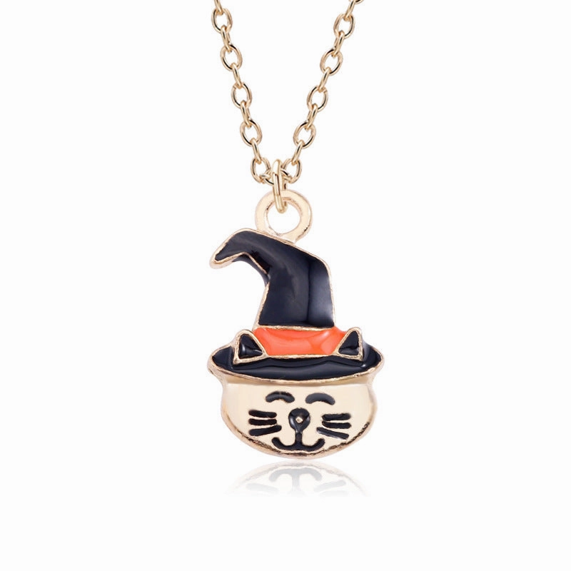 Wholesale Halloween Themed Pumpkin Hat Cat Animal Necklace