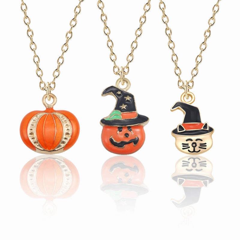 Wholesale Halloween Themed Pumpkin Hat Cat Animal Necklace