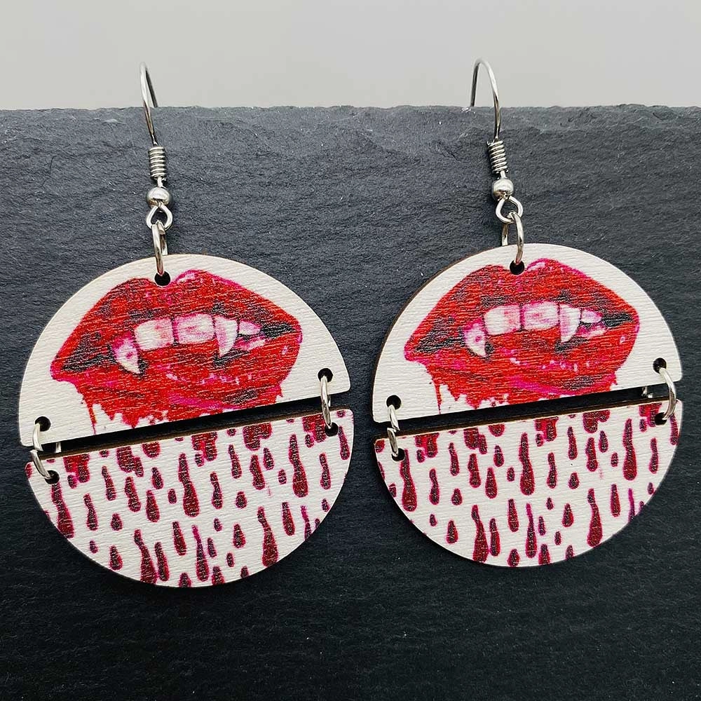 Wholesale Halloween Two Half Circles Patchwork Wooden Earrings