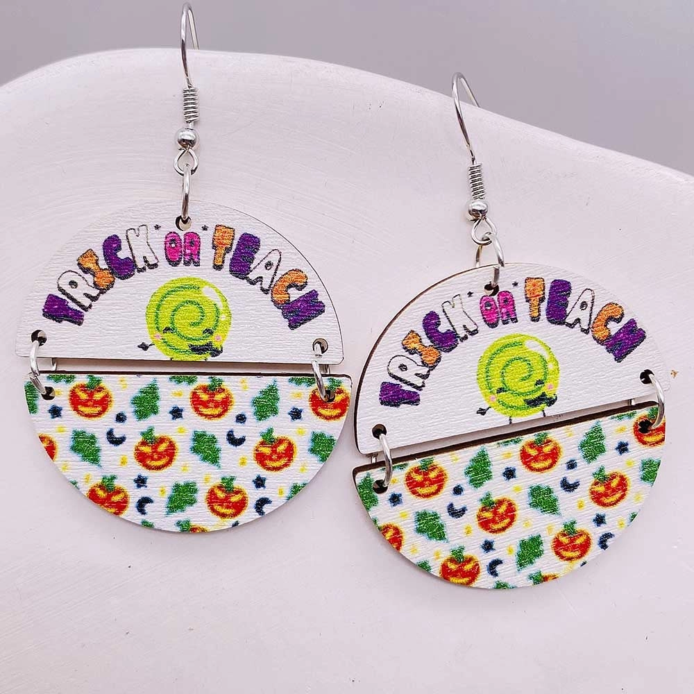 Wholesale Halloween Two Half Circles Patchwork Wooden Earrings
