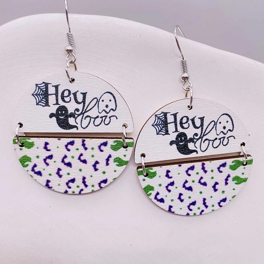 Wholesale Halloween Two Half Circles Patchwork Wooden Earrings