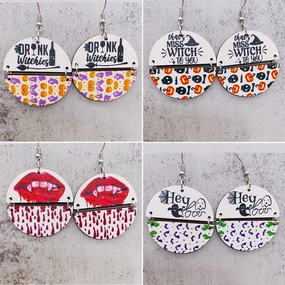 Wholesale Halloween Two Half Circles Patchwork Wooden Earrings