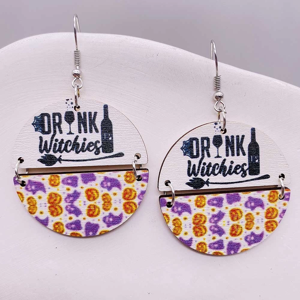 Wholesale Halloween Two Half Circles Patchwork Wooden Earrings