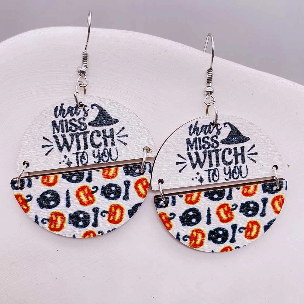 Wholesale Halloween Two Half Circles Patchwork Wooden Earrings