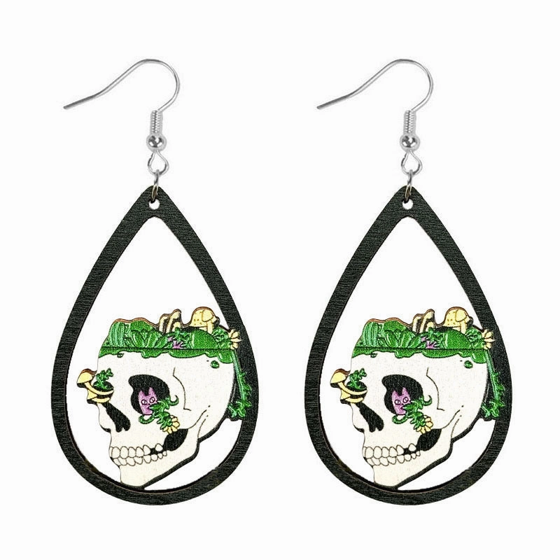 Wholesale Halloween Water Drop Ghost Skull Print Pendant Wooden Earrings