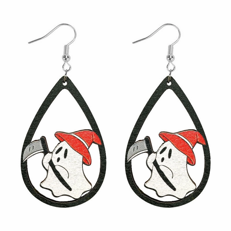 Wholesale Halloween Water Drop Ghost Skull Print Pendant Wooden Earrings