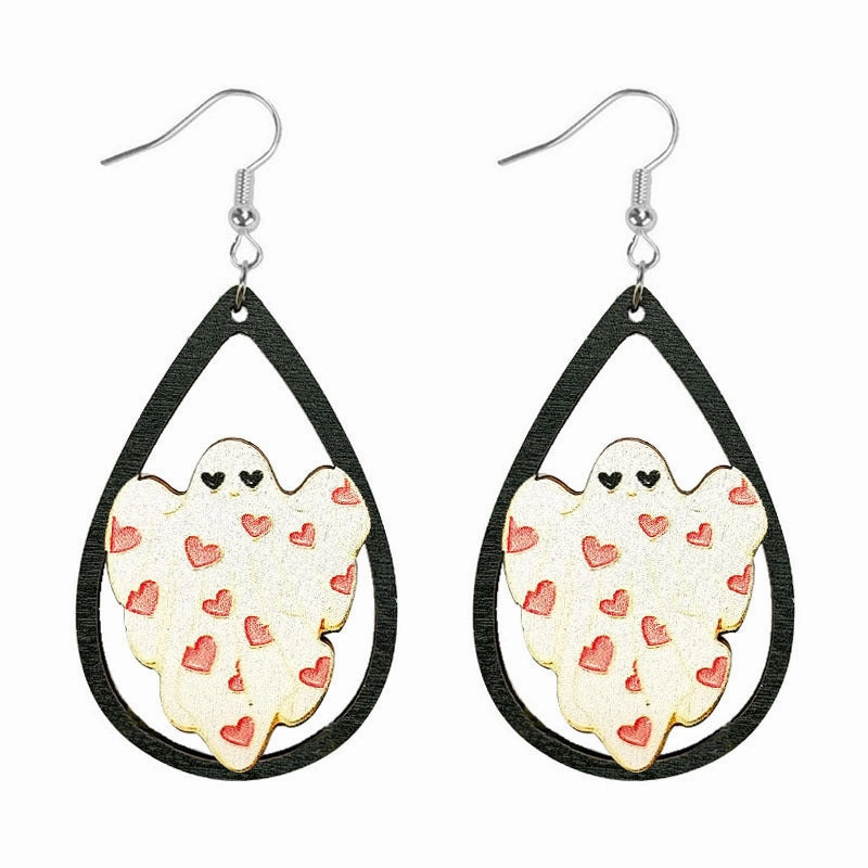Wholesale Halloween Water Drop Ghost Skull Print Pendant Wooden Earrings