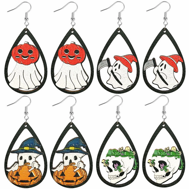 Wholesale Halloween Water Drop Ghost Skull Print Pendant Wooden Earrings