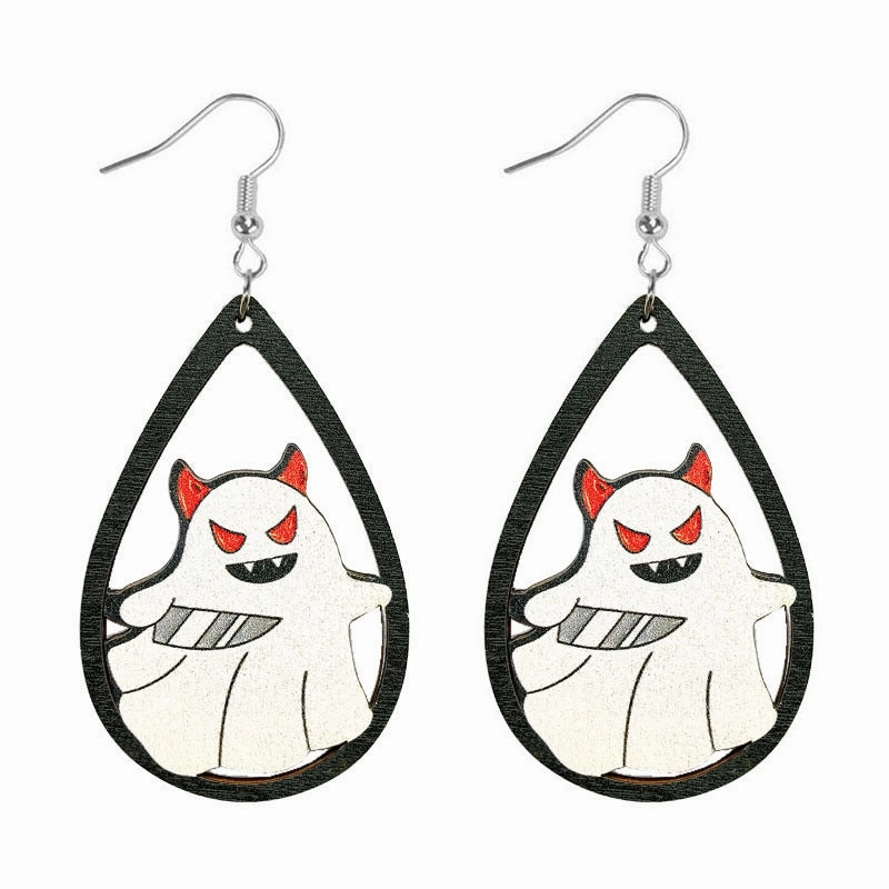 Wholesale Halloween Water Drop Ghost Skull Print Pendant Wooden Earrings
