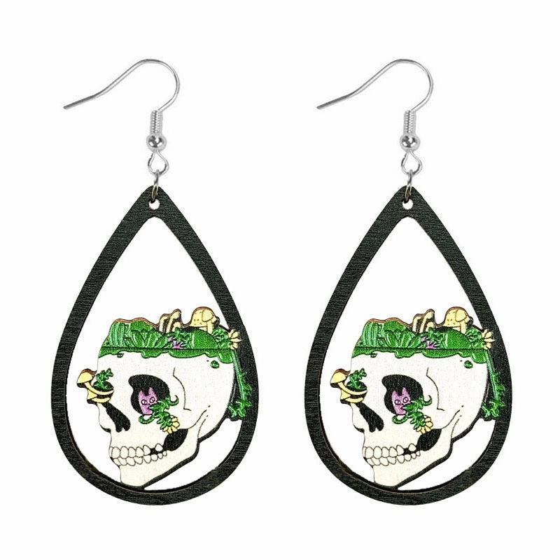 Wholesale Halloween Water Drop Ghost Skull Print Pendant Wooden Earrings