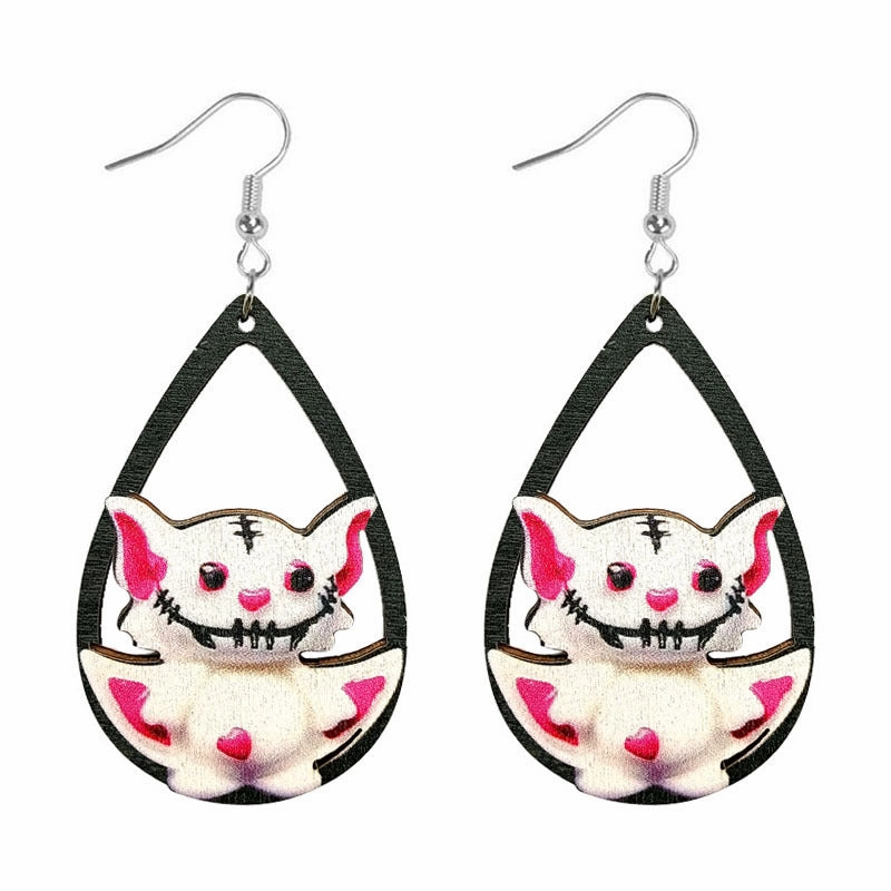 Wholesale Halloween Water Drop Ghost Skull Print Pendant Wooden Earrings