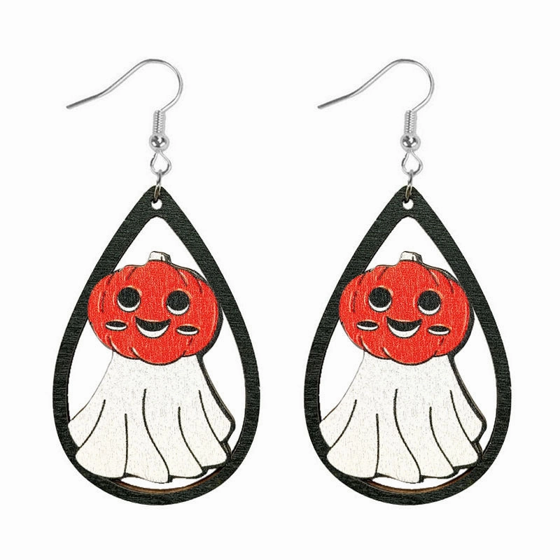 Wholesale Halloween Water Drop Ghost Skull Print Pendant Wooden Earrings