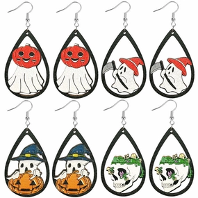 Wholesale Halloween Water Drop Ghost Skull Print Pendant Wooden Earrings