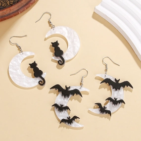 Wholesale Halloween White Moon Cat Bat Earrings