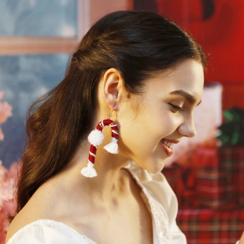 Wholesale Hand Woven Cane Tassel Christmas Earrings