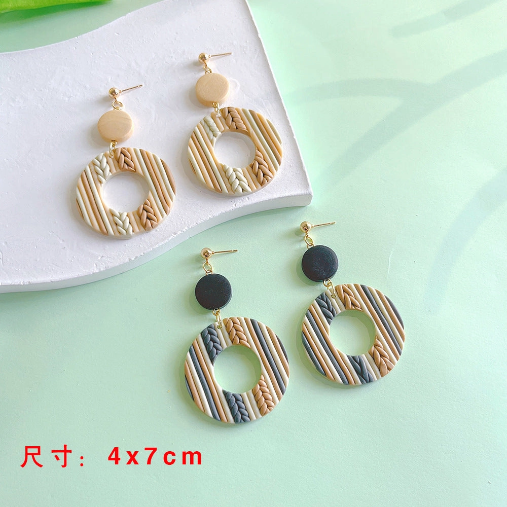 Wholesale Hand Woven Geometric Soft Pottery Wood Patchwork Earrings