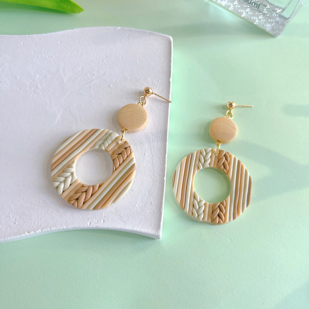 Wholesale Hand Woven Geometric Soft Pottery Wood Patchwork Earrings